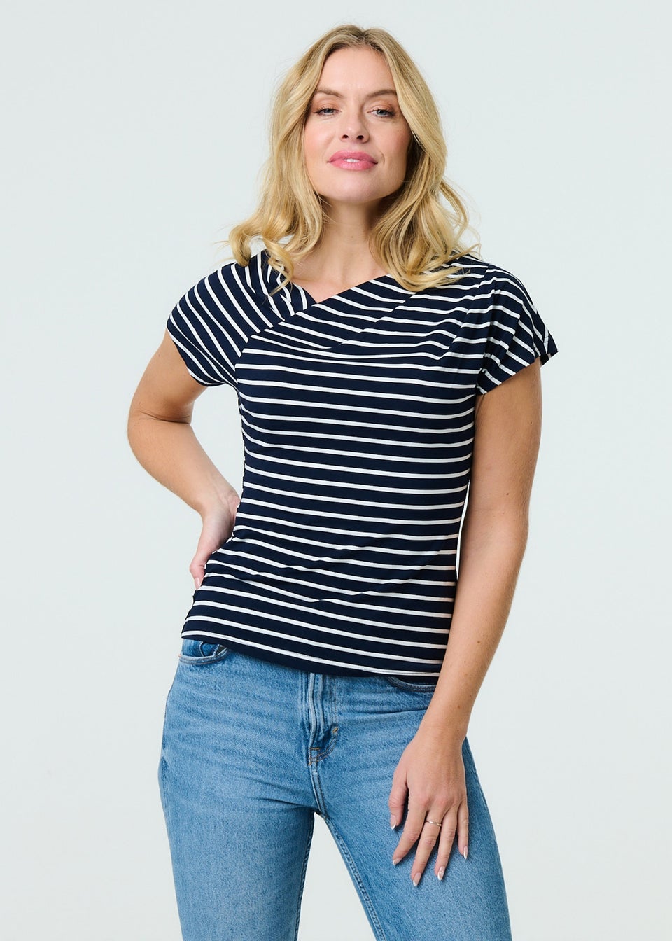 Izabel London Navy Striped Asymmetric Short Sleeve Top