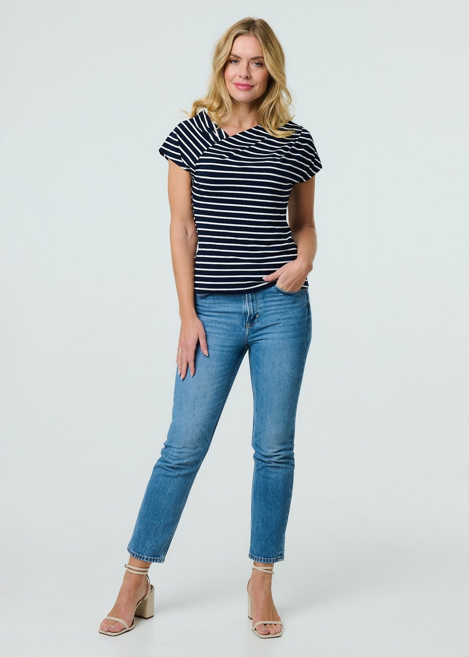 Izabel London Navy Striped Asymmetric Short Sleeve Top