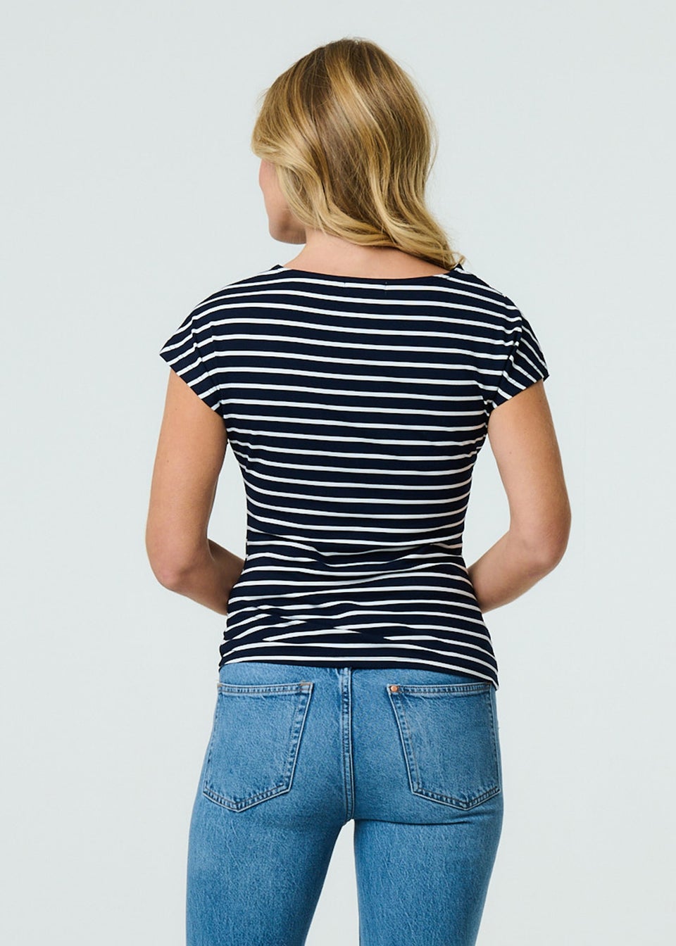 Izabel London Navy Striped Asymmetric Short Sleeve Top