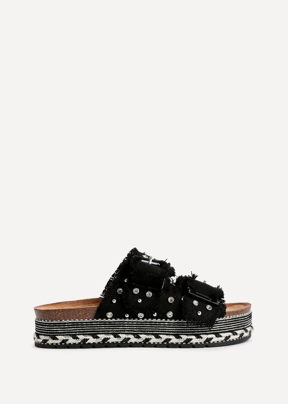 Linzi Bahama Black Diamante Studded Double Buckle Flatform Slider Sandal