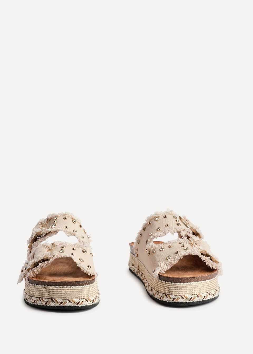 Linzi Bahama Beige Diamante Studded Double Buckle Flatform Slider Sandal