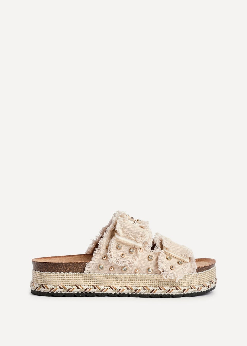 Linzi Bahama Beige Diamante Studded Double Buckle Flatform Slider Sandal