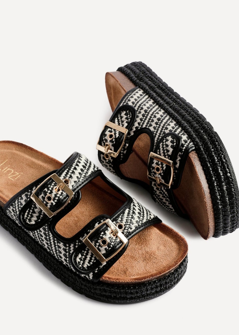 Linzi Cici Black Aztec Woven Double Buckle Flatform Slider Sandal