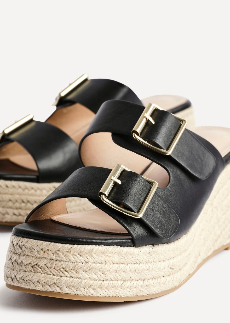 Linzi Impact Black Faux Leather Double Buckle Espadrille Wedge Mule