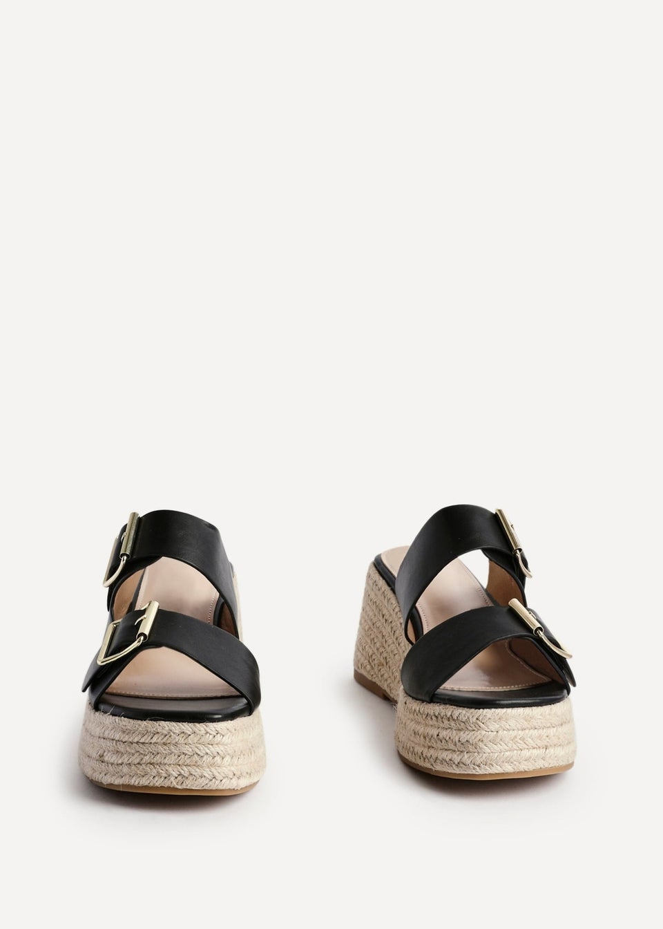 Linzi Impact Black Faux Leather Double Buckle Espadrille Wedge Mule