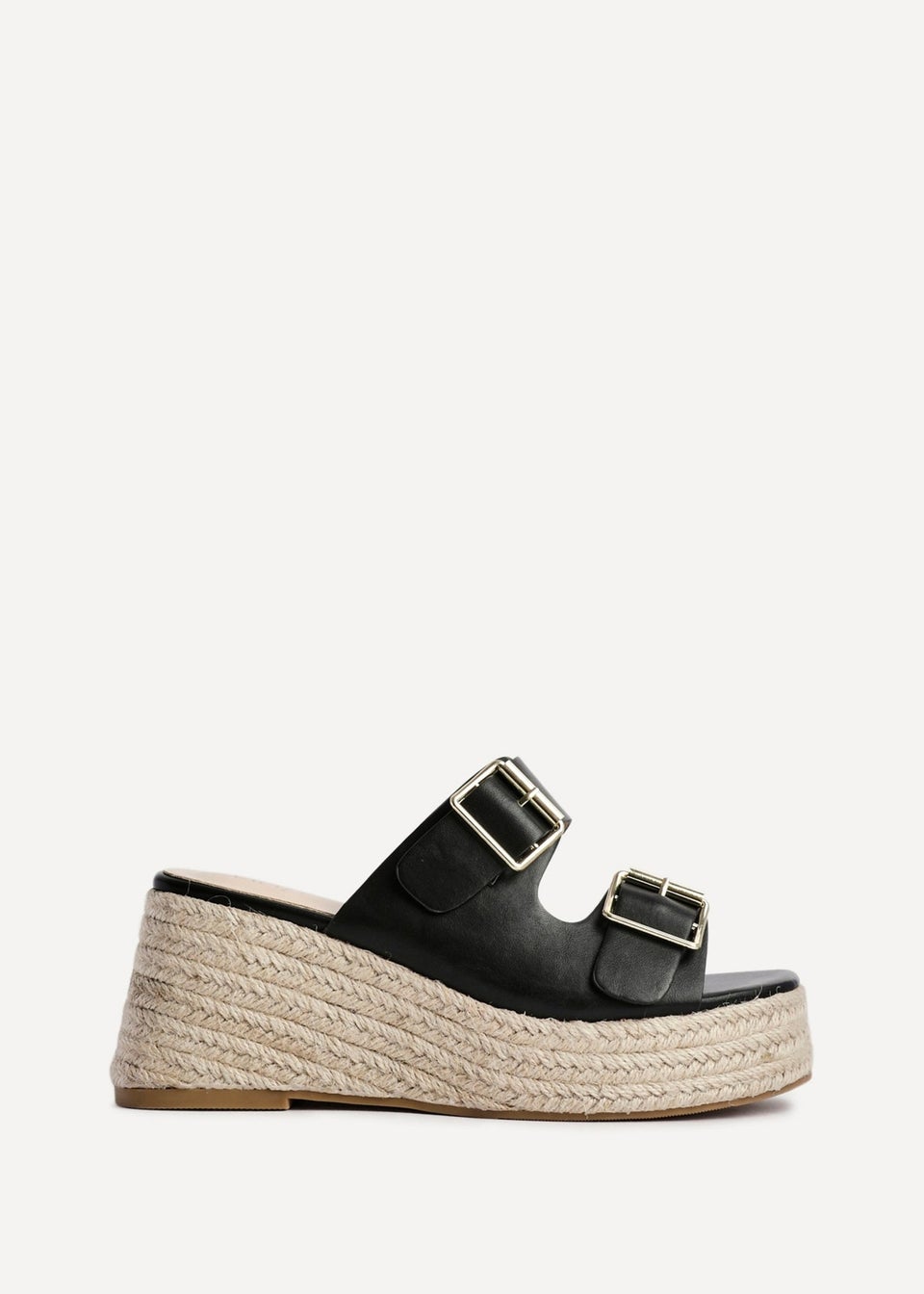 Linzi Impact Black Faux Leather Double Buckle Espadrille Wedge Mule