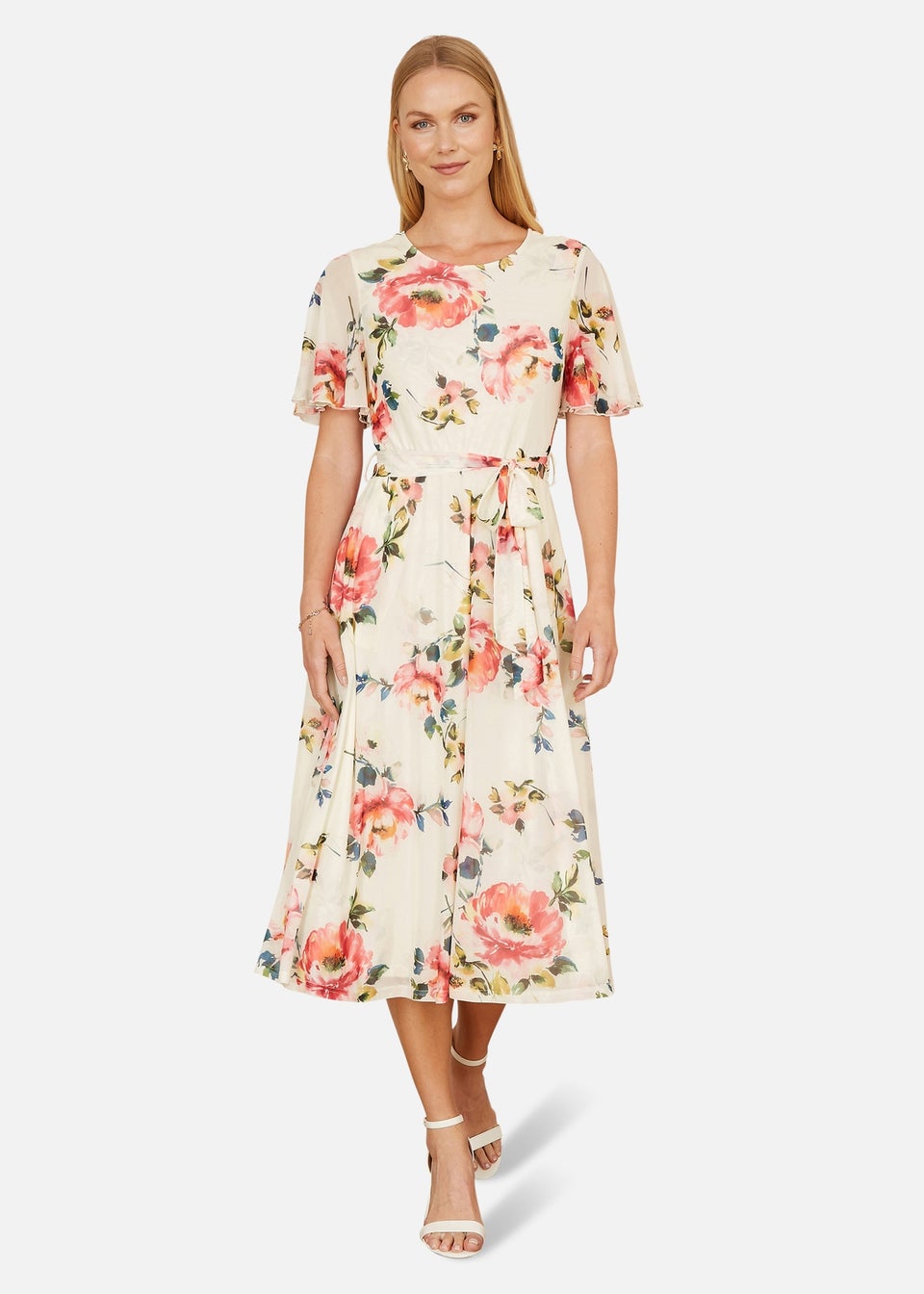 Yumi Ivory Mesh Floral Print Midi Dress With Angel Sleeves