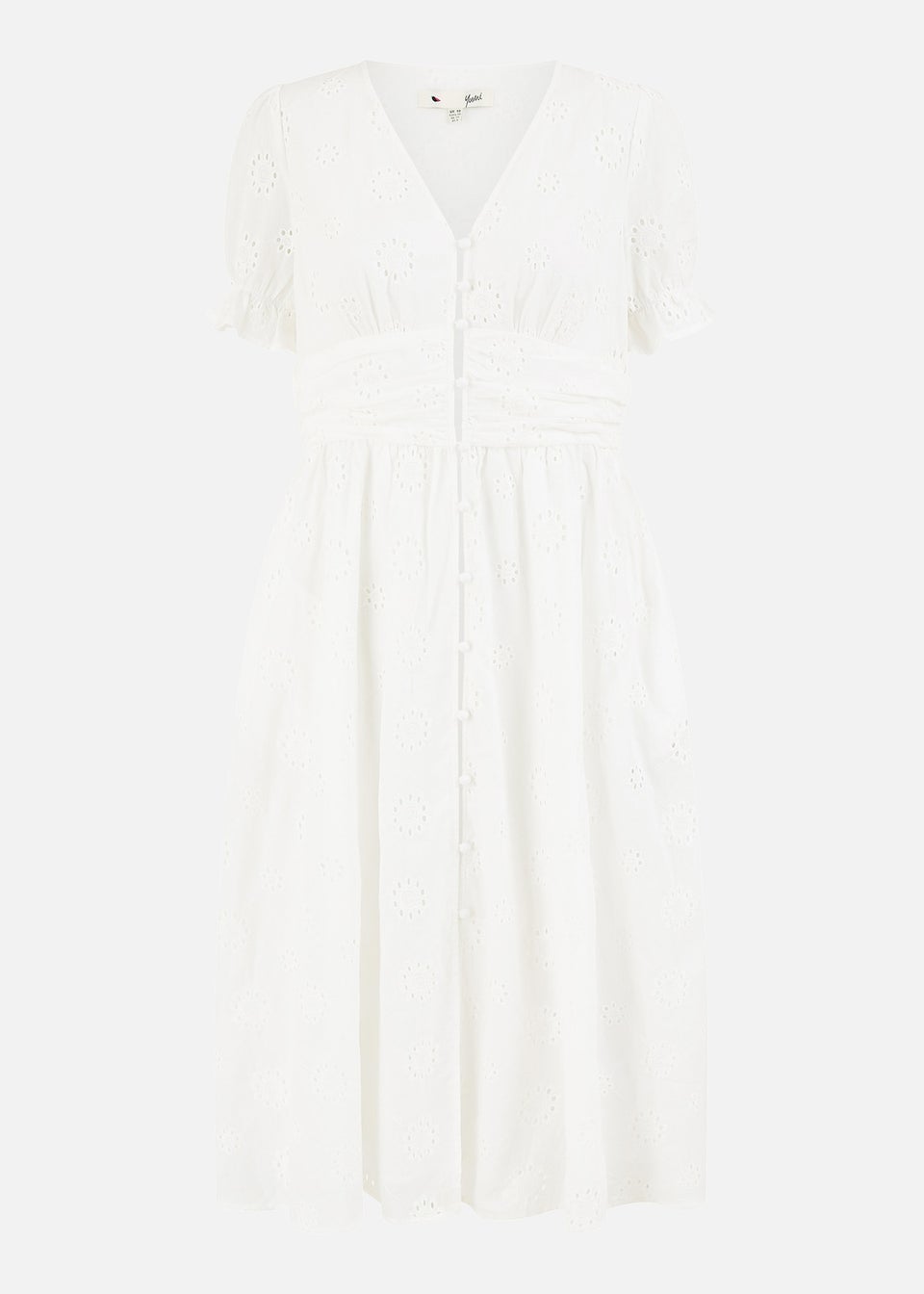 Yumi White Cotton Broderie Anglaise Midi Button Up Dress