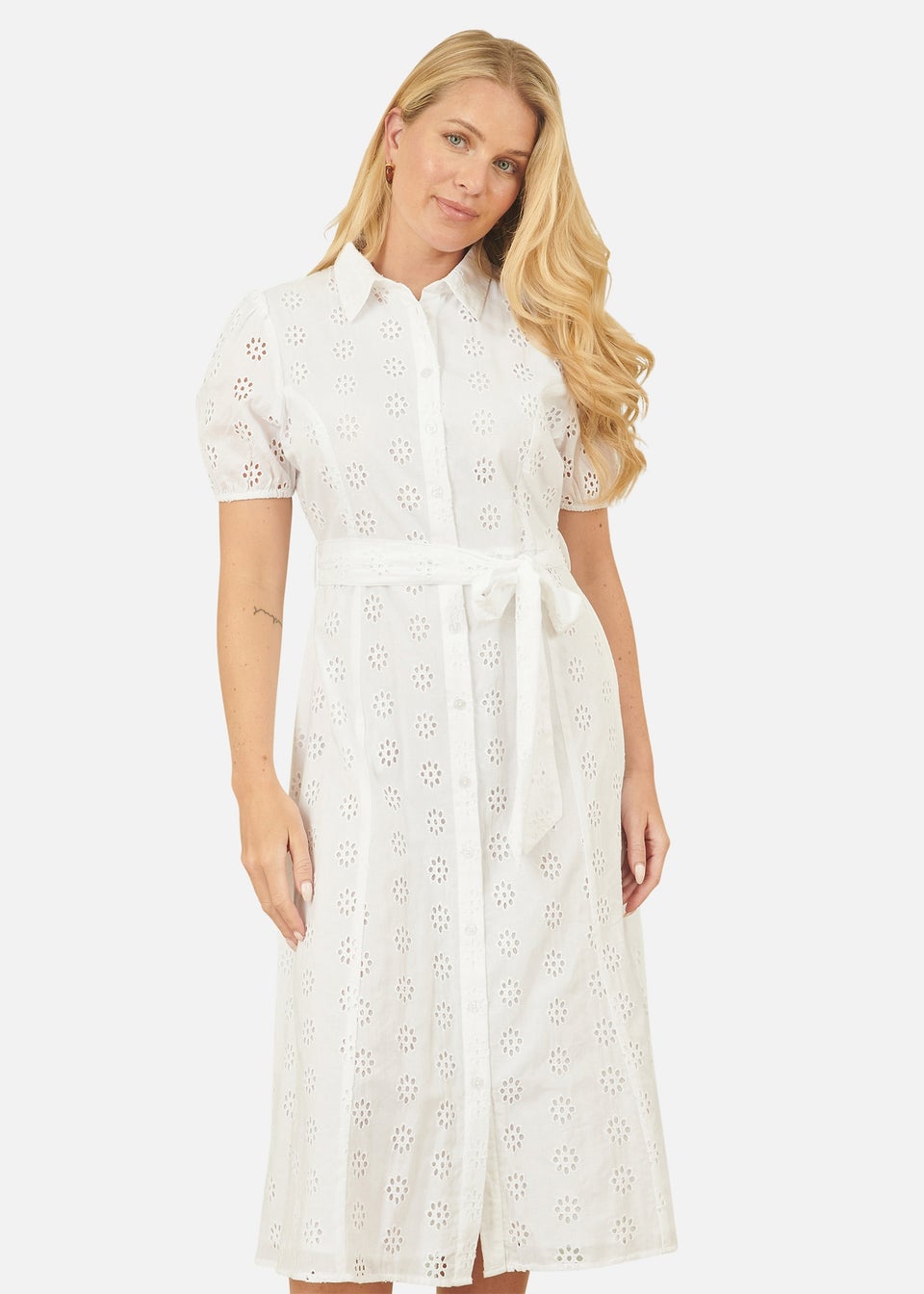 Yumi White Cotton Broderie Anglaise Midi Shirt Dress