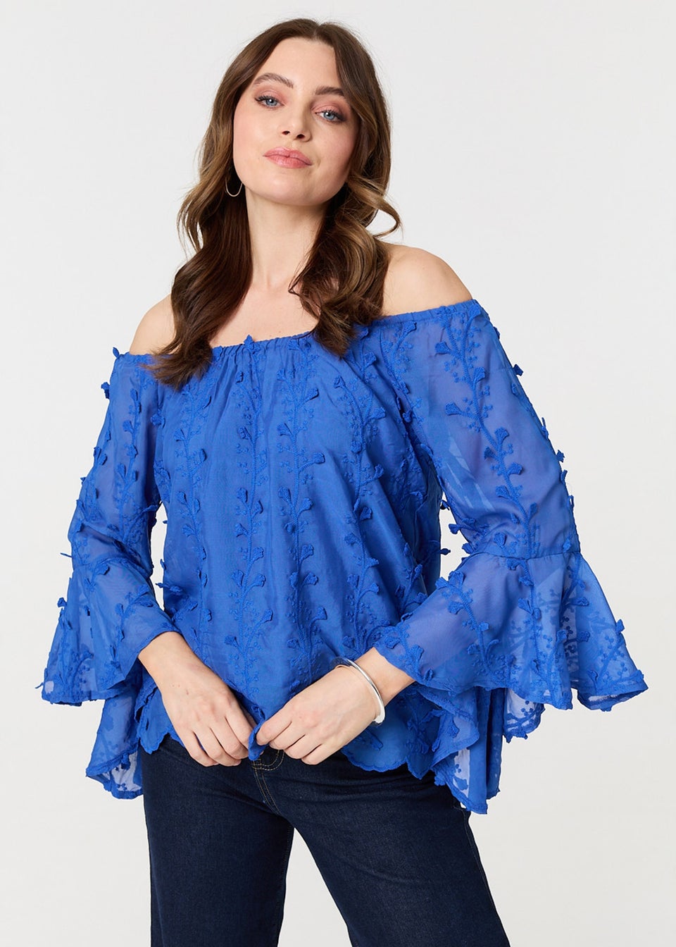 Izabel London Blue Textured Semi Sheer Bardot Blouse