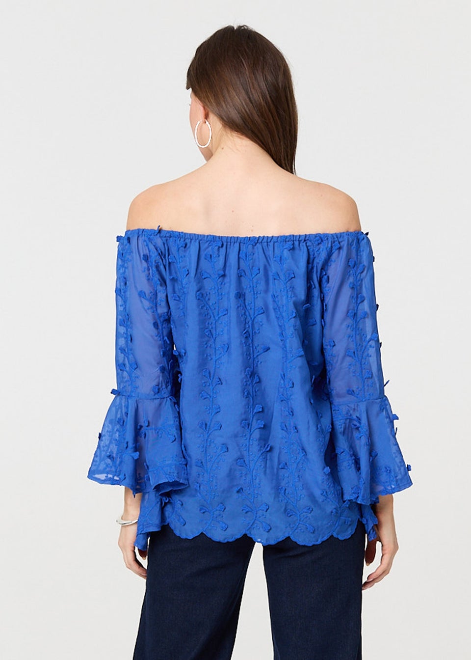 Izabel London Blue Textured Semi Sheer Bardot Blouse