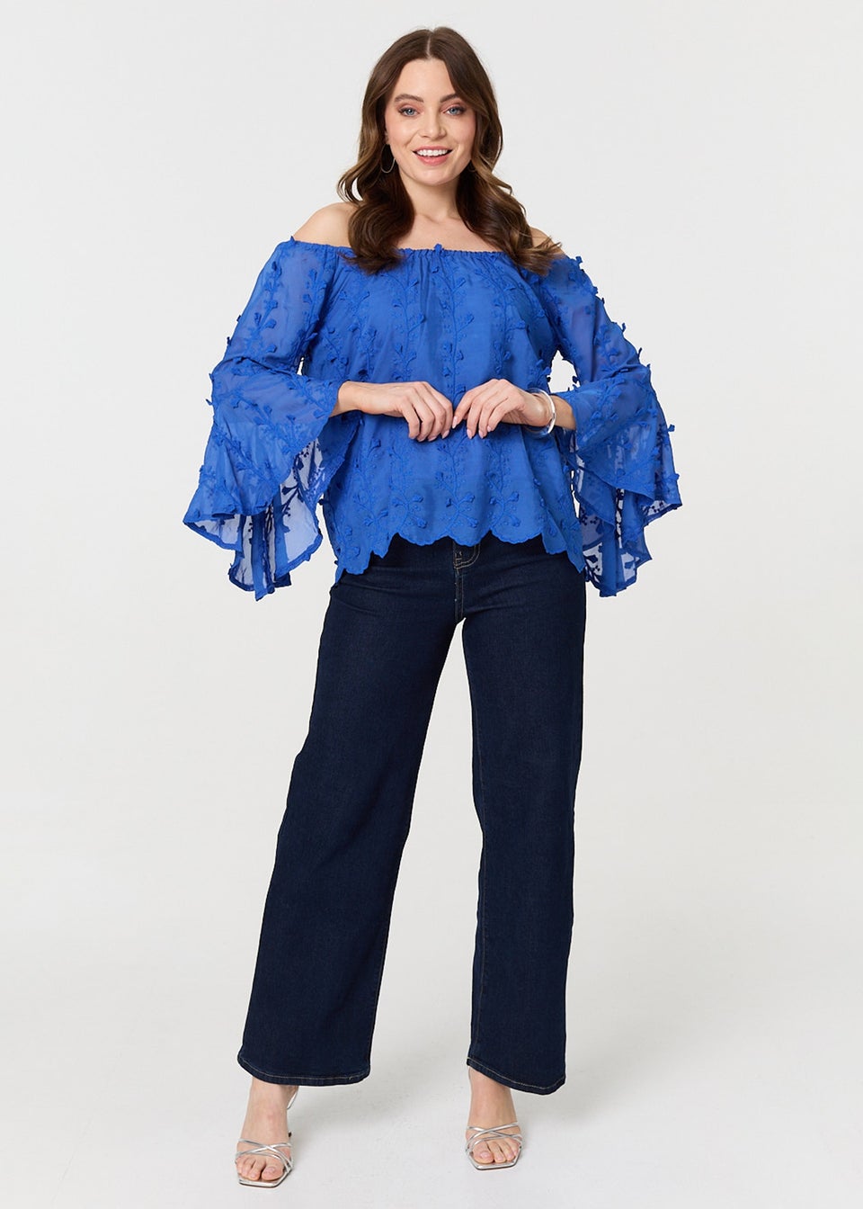 Izabel London Blue Textured Semi Sheer Bardot Blouse
