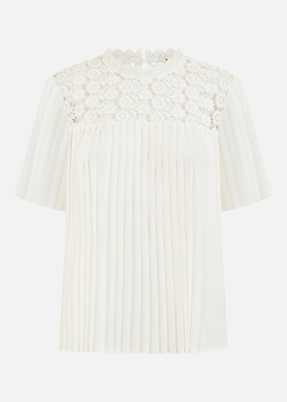 Yumi White Lace Panel Pleated Short Sleeve Top