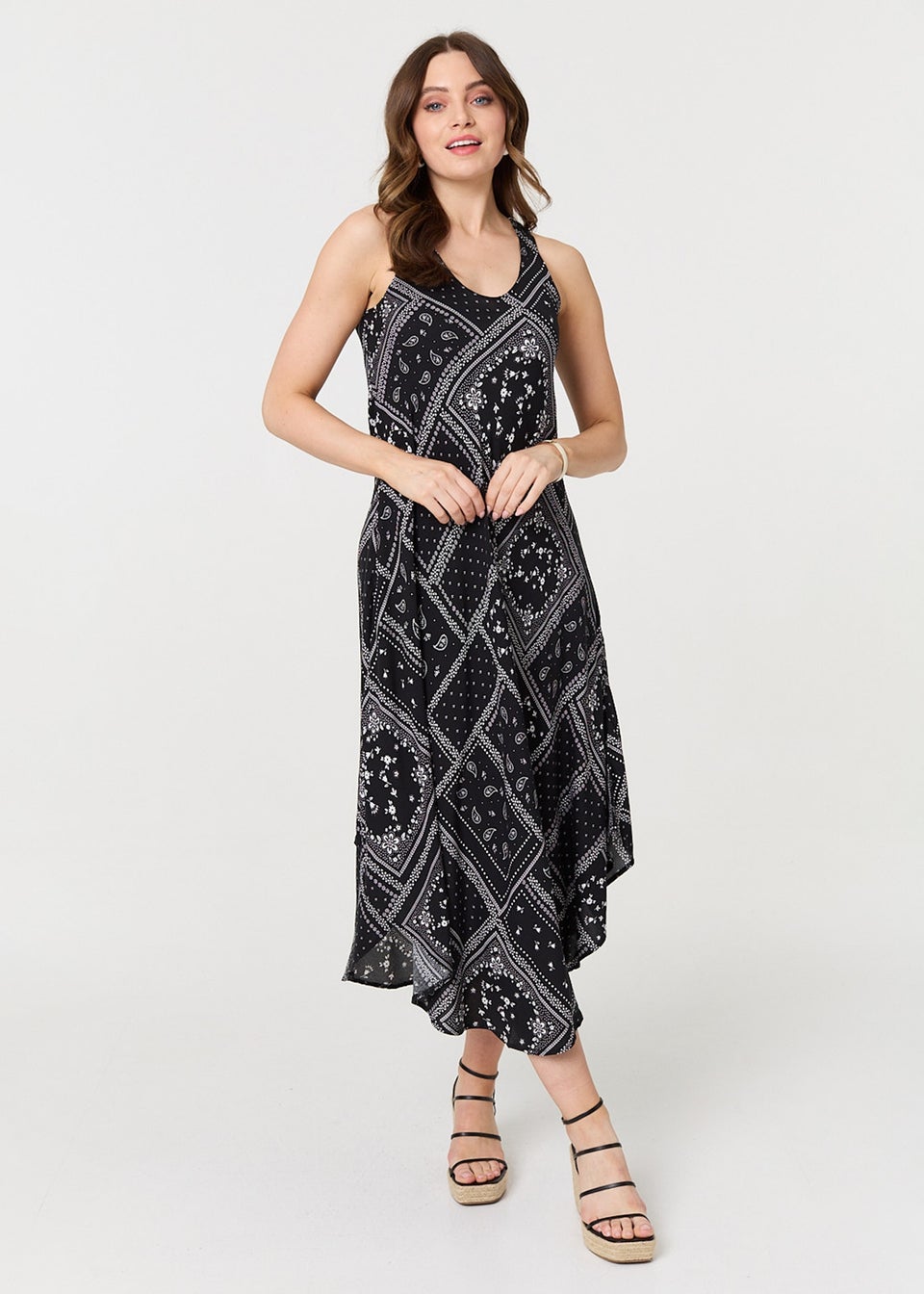 Izabel London Black Printed Sleeveless Relaxed Swing Dress