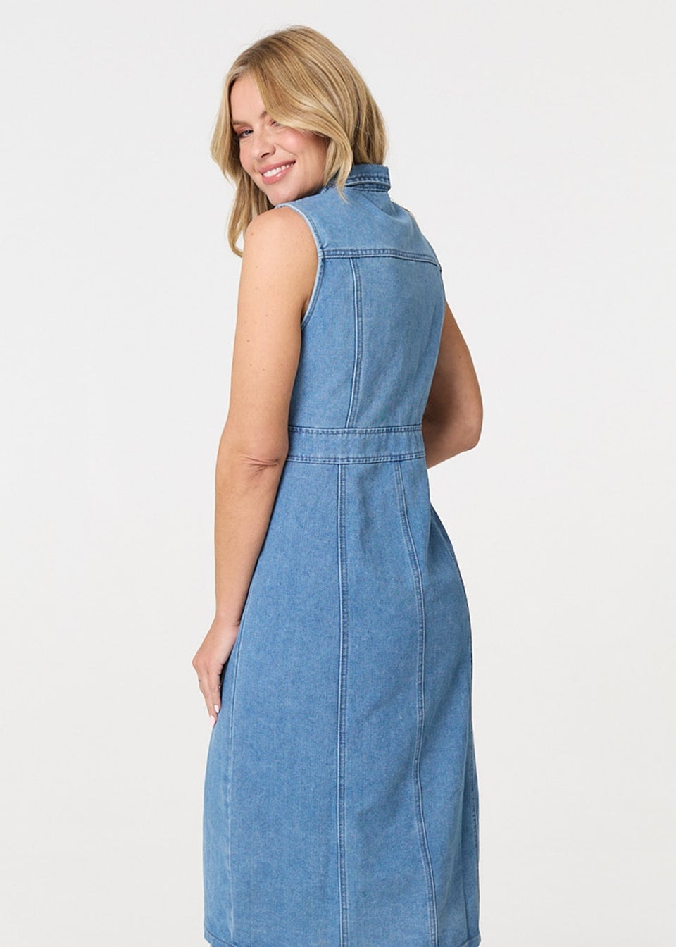 Izabel London Blue Denim Button Sleeveless Midi Shirt Dress