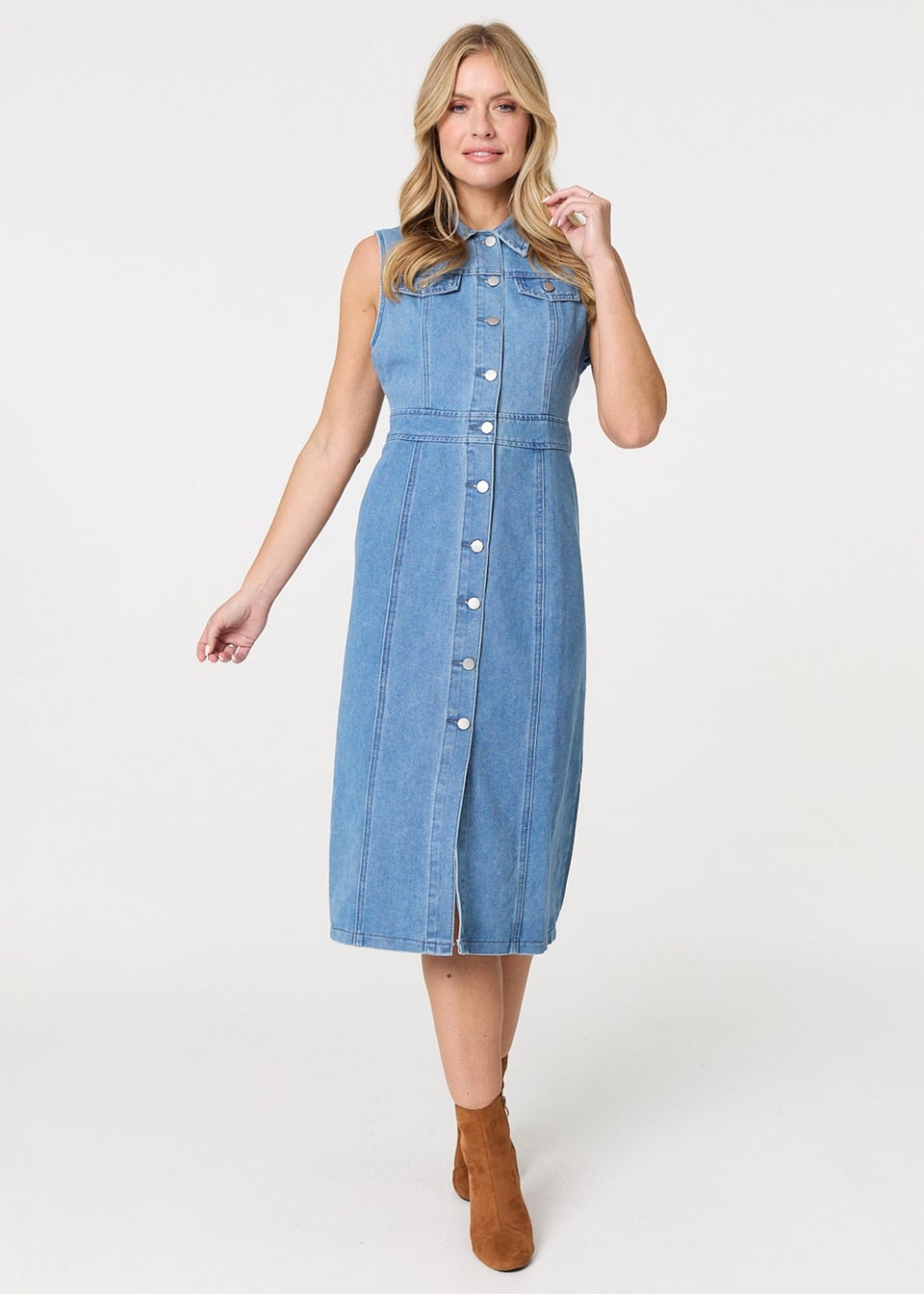 Izabel London Blue Denim Button Sleeveless Midi Shirt Dress