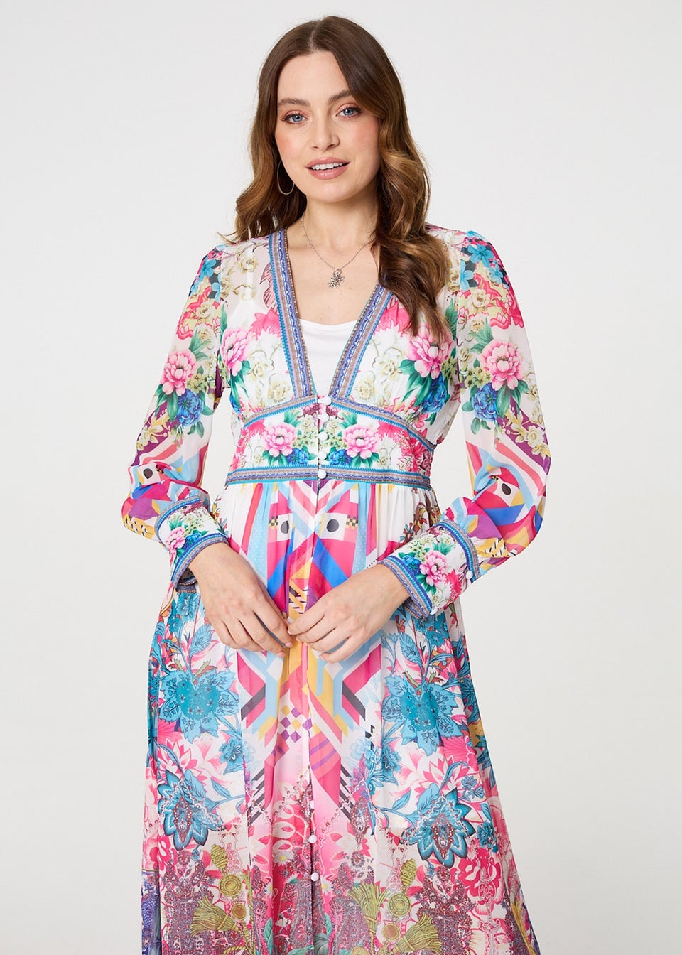 Izabel London Pink Floral Long Sleeve Empire Maxi Dress