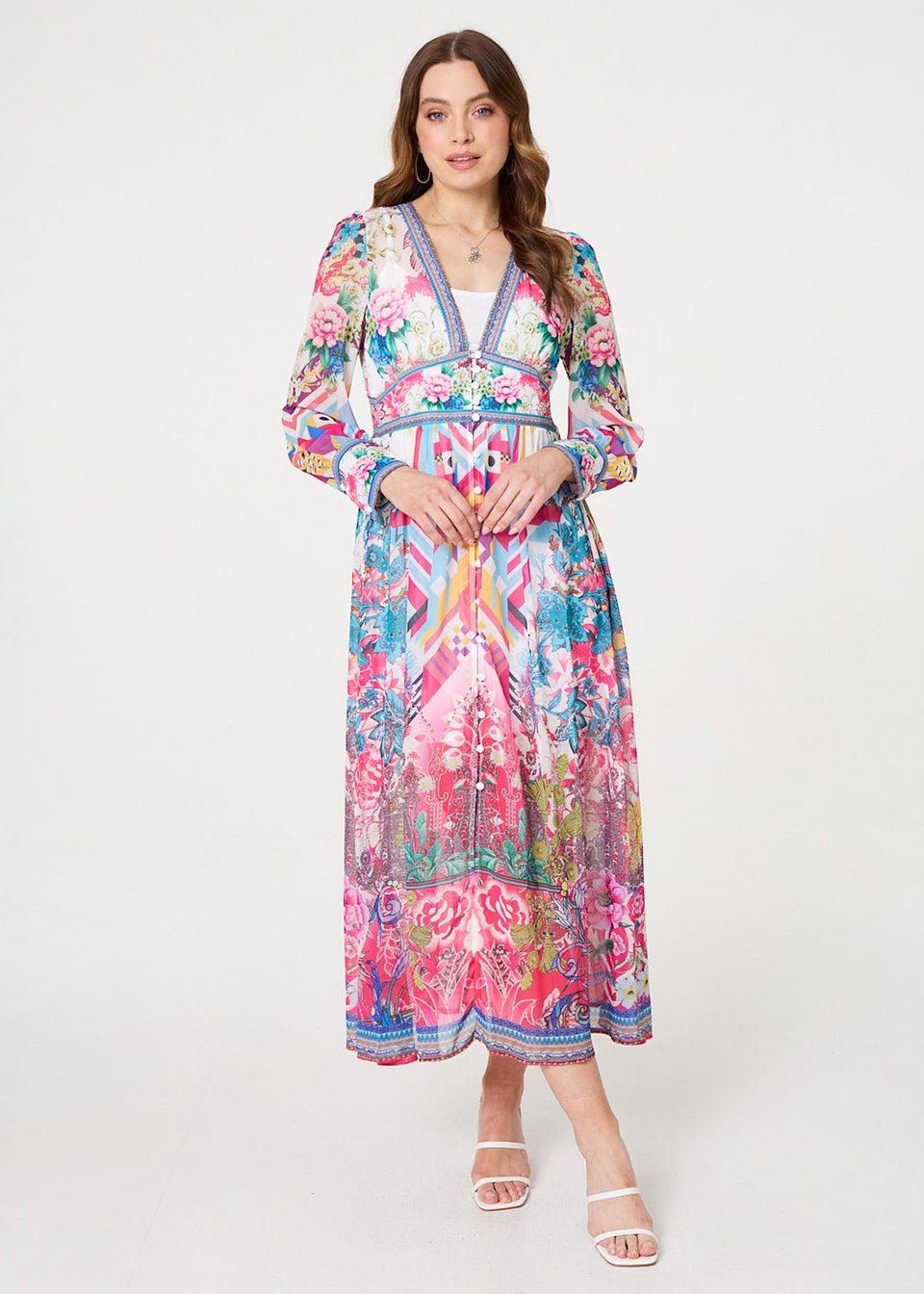 Izabel London Pink Floral Long Sleeve Empire Maxi Dress