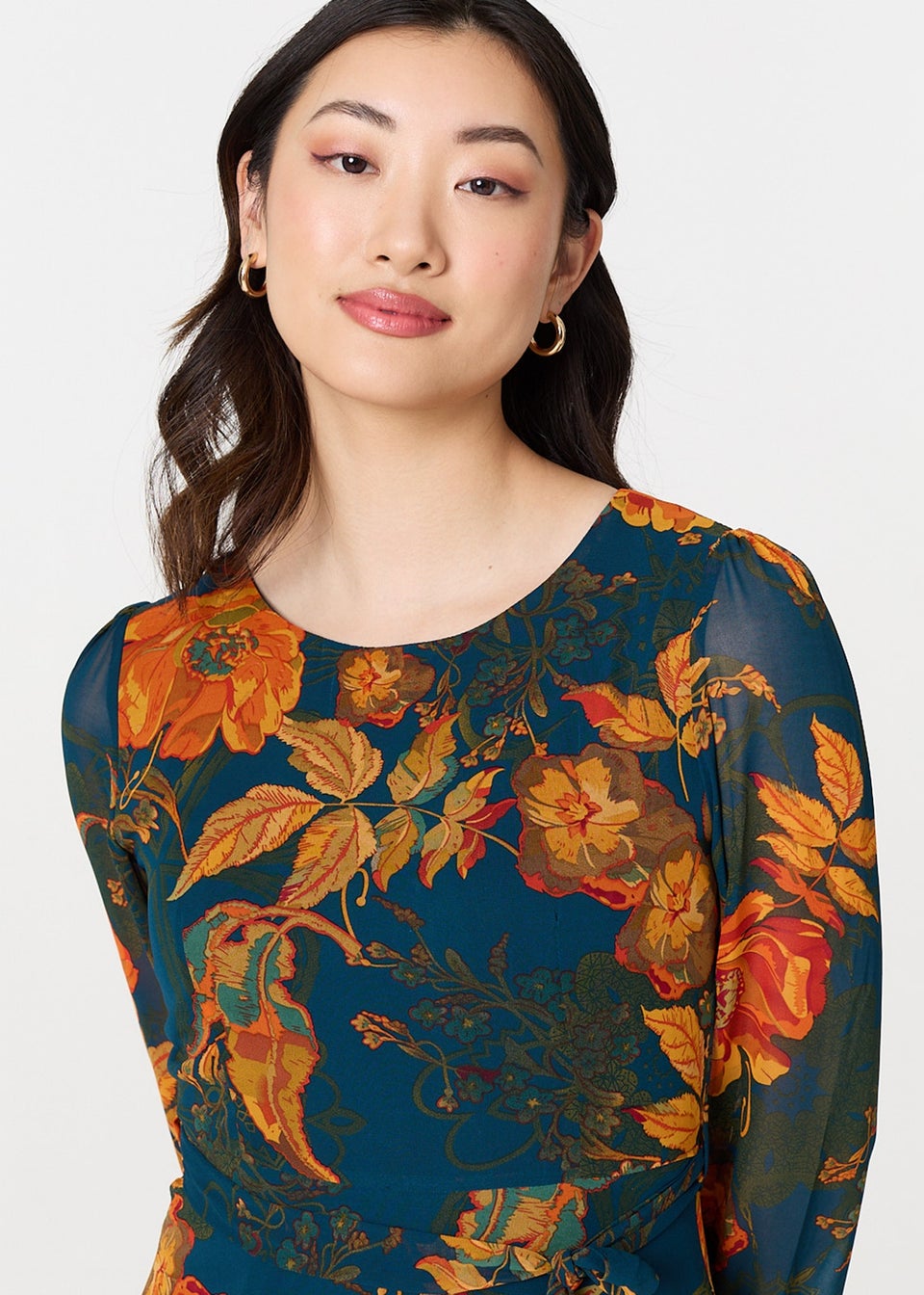 Izabel London Orange Floral Semi Sheer Tie Waist Maxi Dress