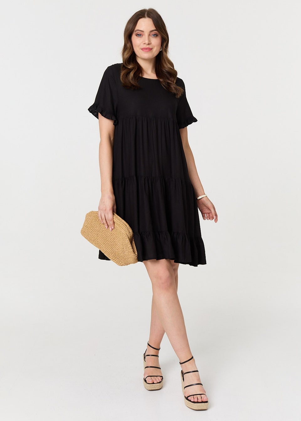 Izabel London Black Short Sleeve Frilled Short Smock Dress