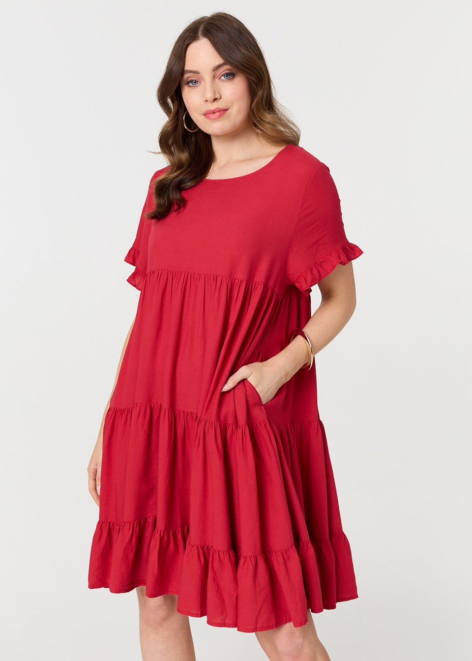 Izabel London Red Short Sleeve Frilled Short Smock Dress