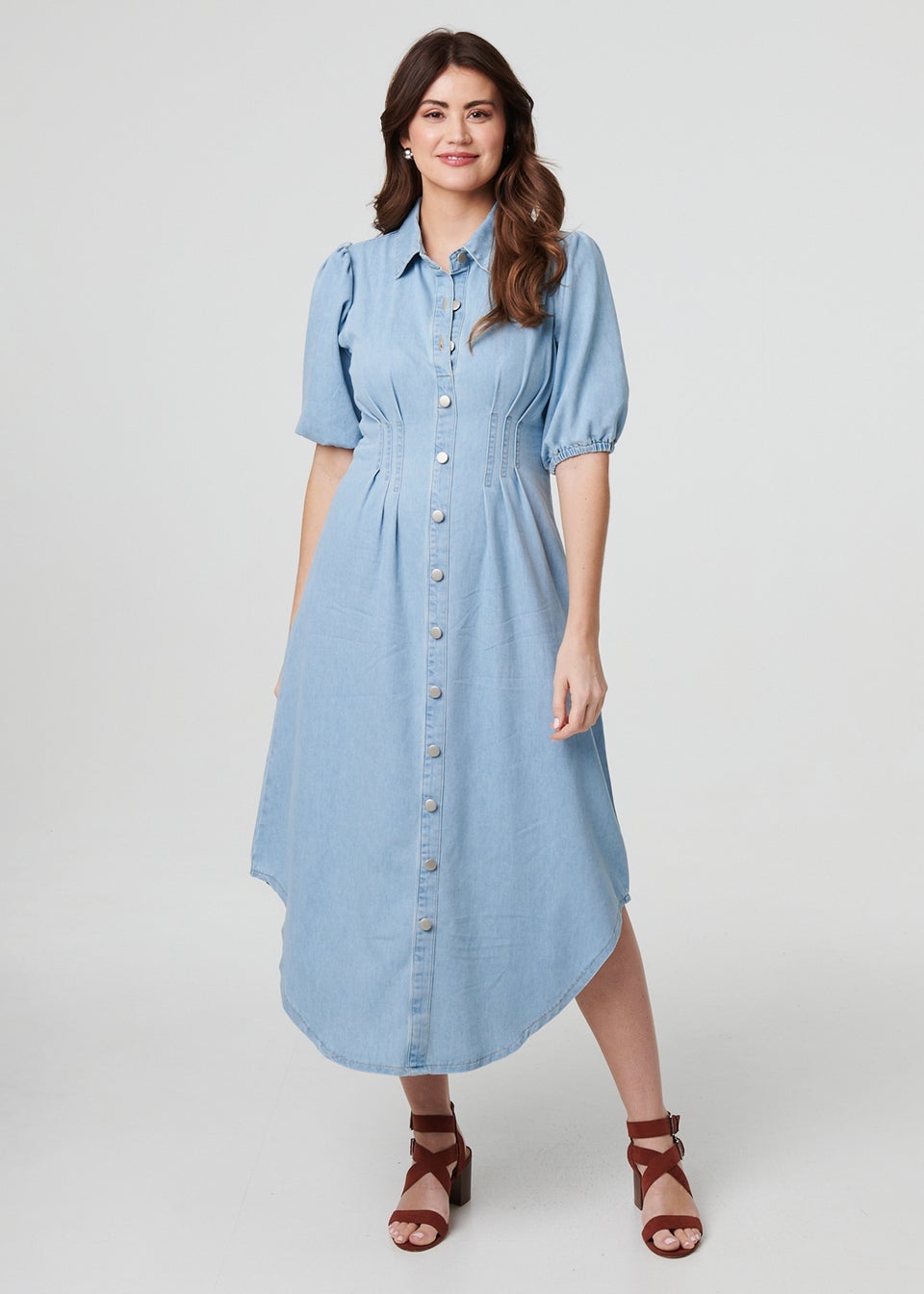 Izabel London Blue Denim Puff Sleeve Ruched Maxi Shirt Dress