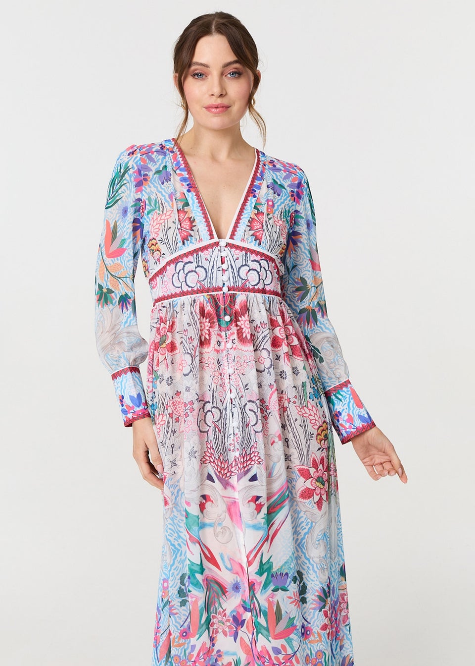 Izabel London Blue Floral Empire Waist Long Sleeve Maxi Dress