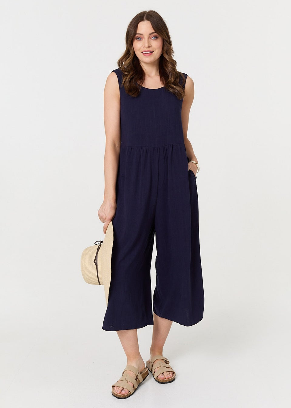 Izabel London Navy Relaxed Sleeveless Wide Crop Jumpsuit