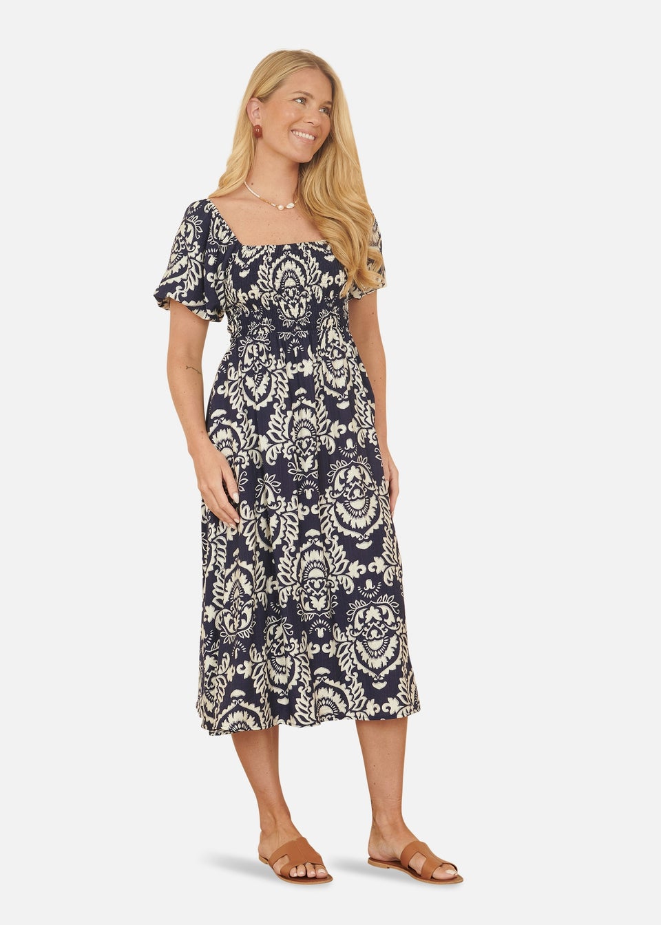 Yumi Navy Aztec Print Ruched Midi Dress