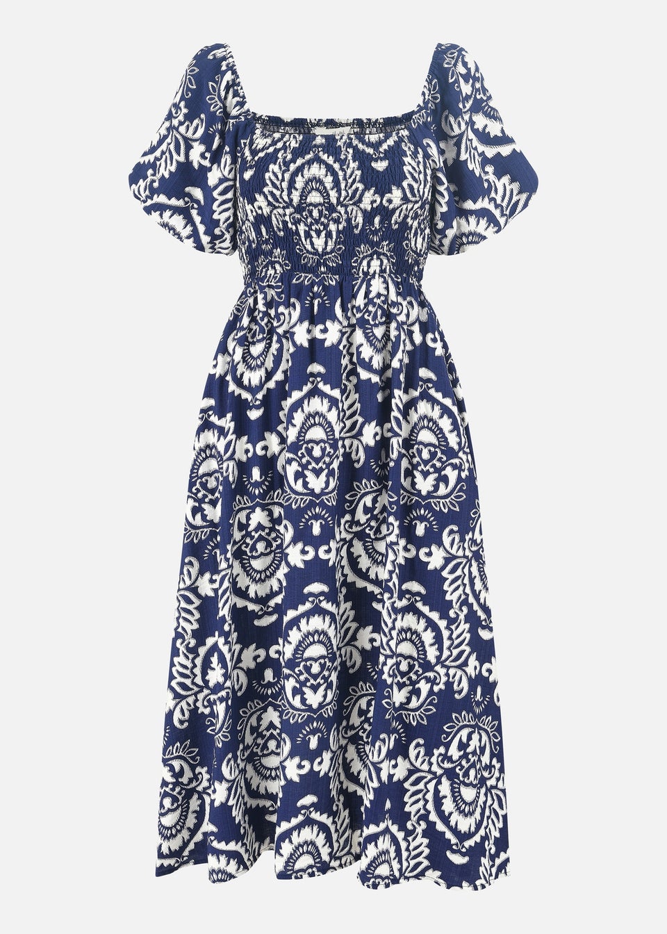 Yumi Navy Aztec Print Ruched Midi Dress