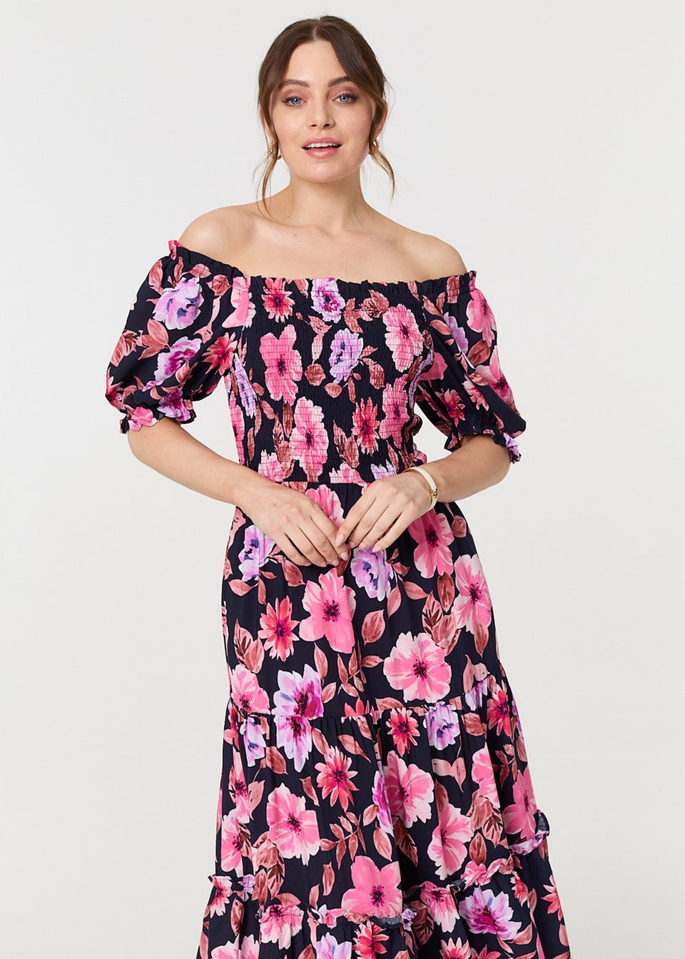 Izabel London Navy Floral Puff Sleeve Bardot Midi Dress