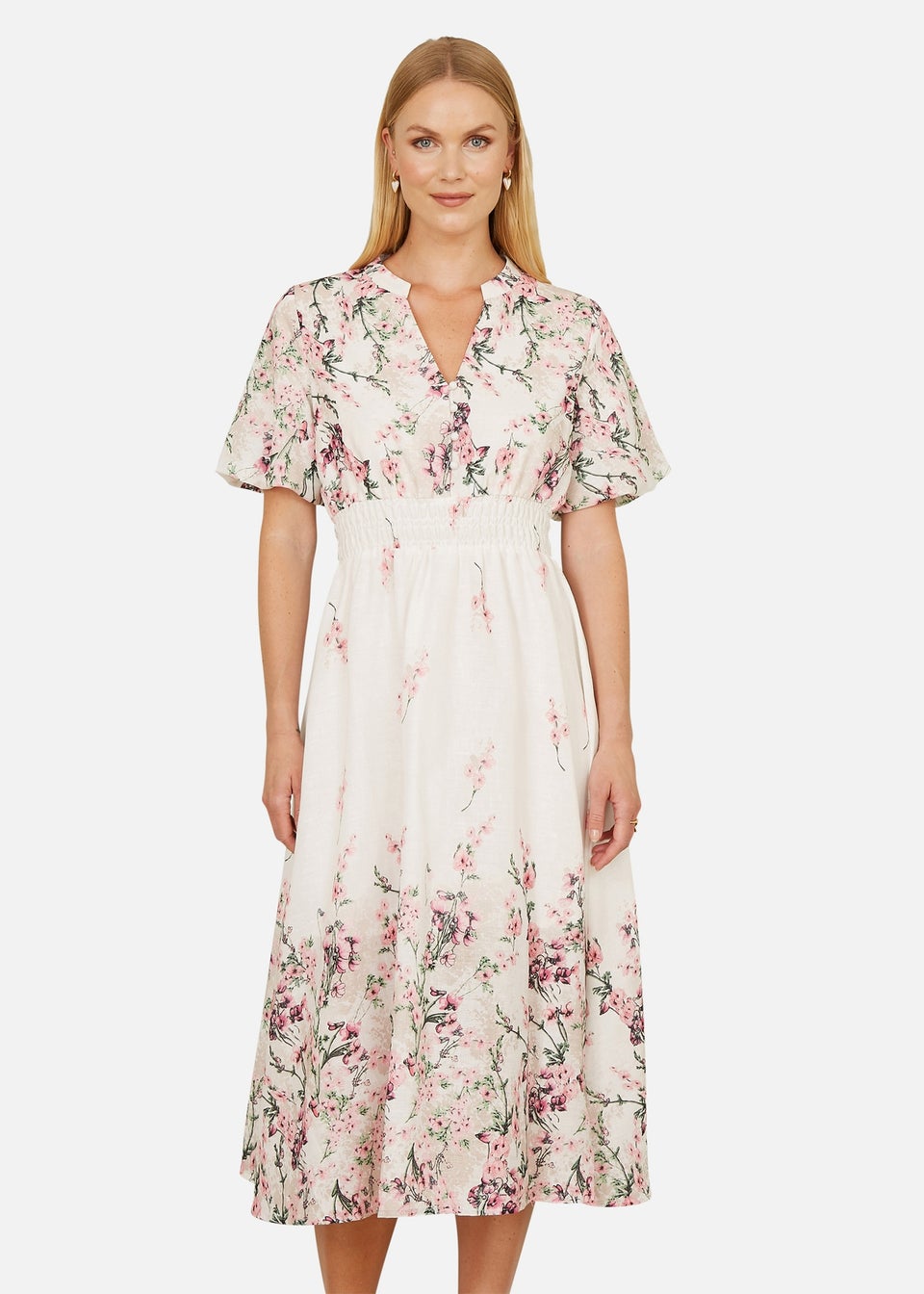 Yumi White Mirrored Floral Button Up Midi Dress With Ruched Waist