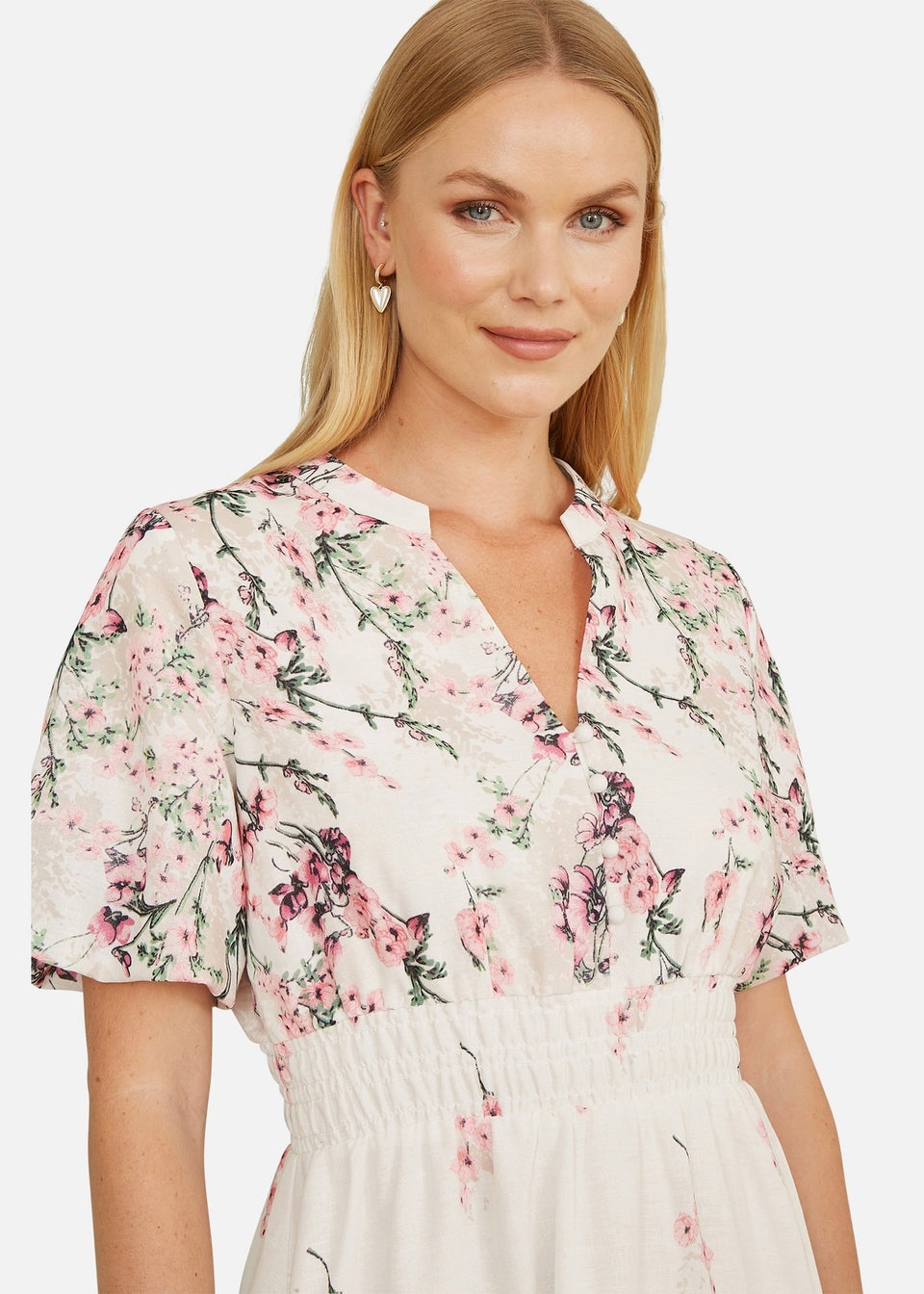 Yumi White Mirrored Floral Button Up Midi Dress With Ruched Waist