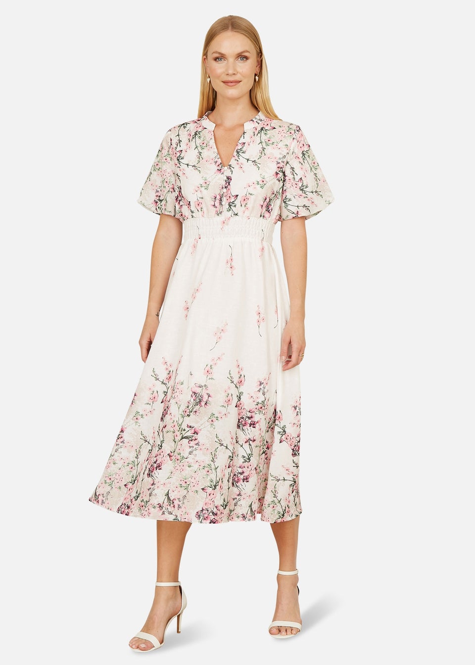 Yumi White Mirrored Floral Button Up Midi Dress With Ruched Waist
