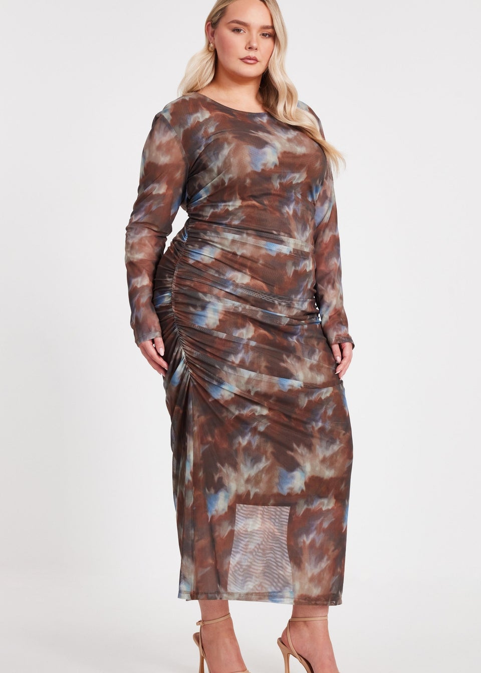 Quiz Brown Curve Mesh Printed Midaxi Dress