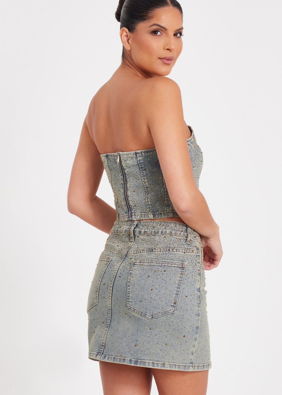 Quiz Blue Denim Embellished Mini Skirt