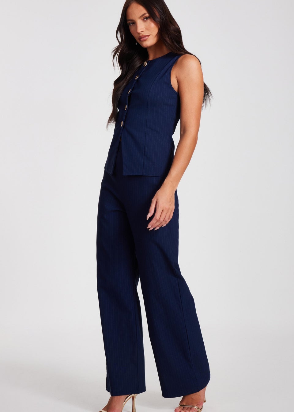 Quiz Navy Pinstripe Button Front Waistcoat