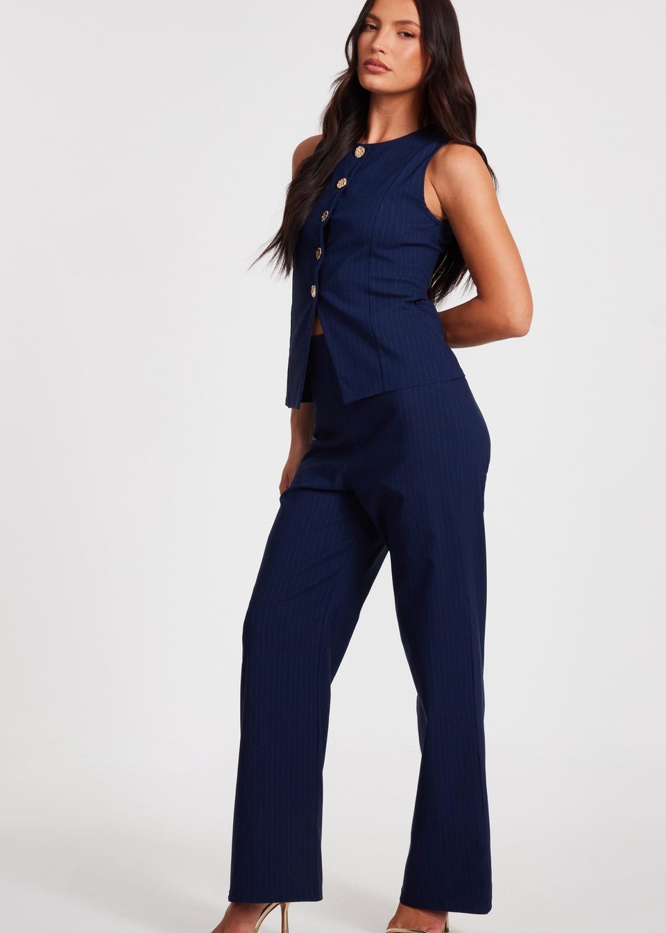 Quiz Navy Pinstripe Wide Leg Trousers