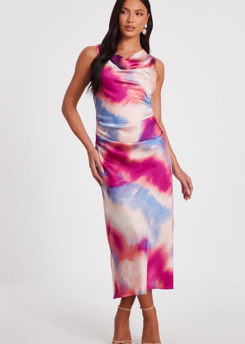 Quiz Pink Satin Tie Dye Midi Dress