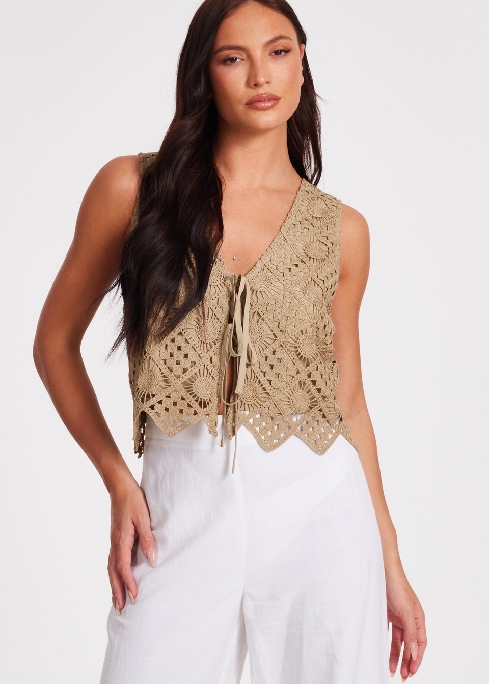 Quiz Khaki Crochet Waistcoat