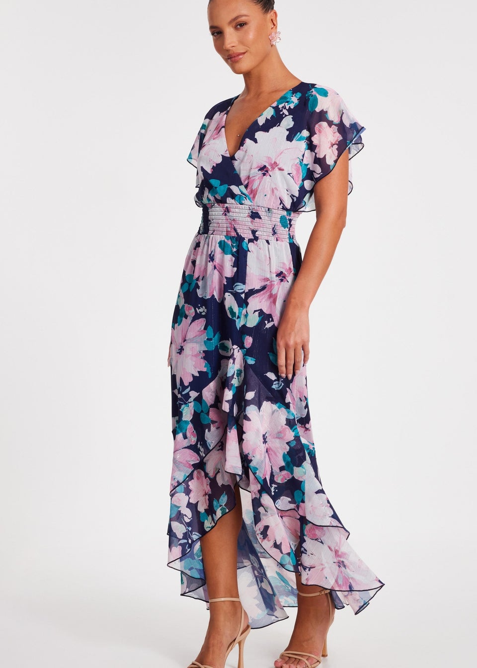 Quiz Navy Floral Tiered Midi Dress