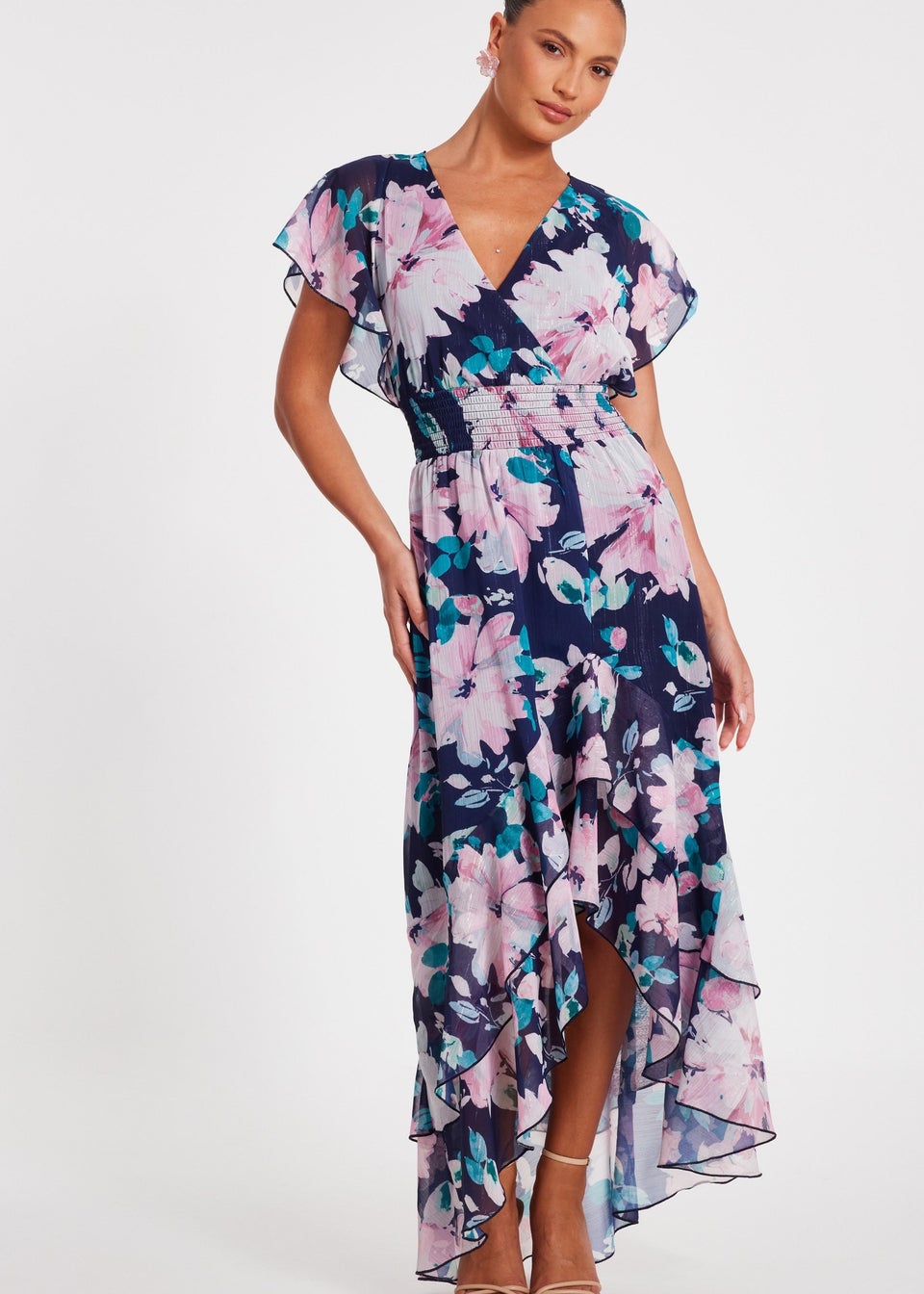 Quiz Navy Floral Tiered Midi Dress