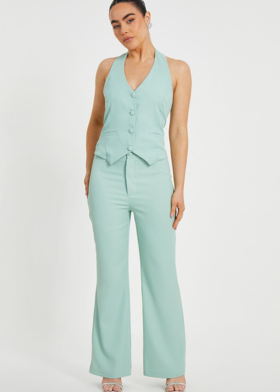 Quiz Mint Petite Woven Flared Trousers