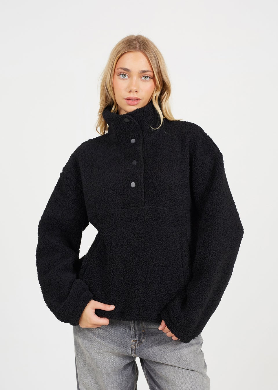 Brave Soul Black Sherpa Quarter Button Neck Fleece