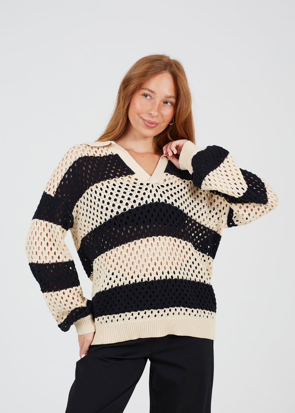 Brave Soul Stone Lightweight Stripe Open Knit Jumper