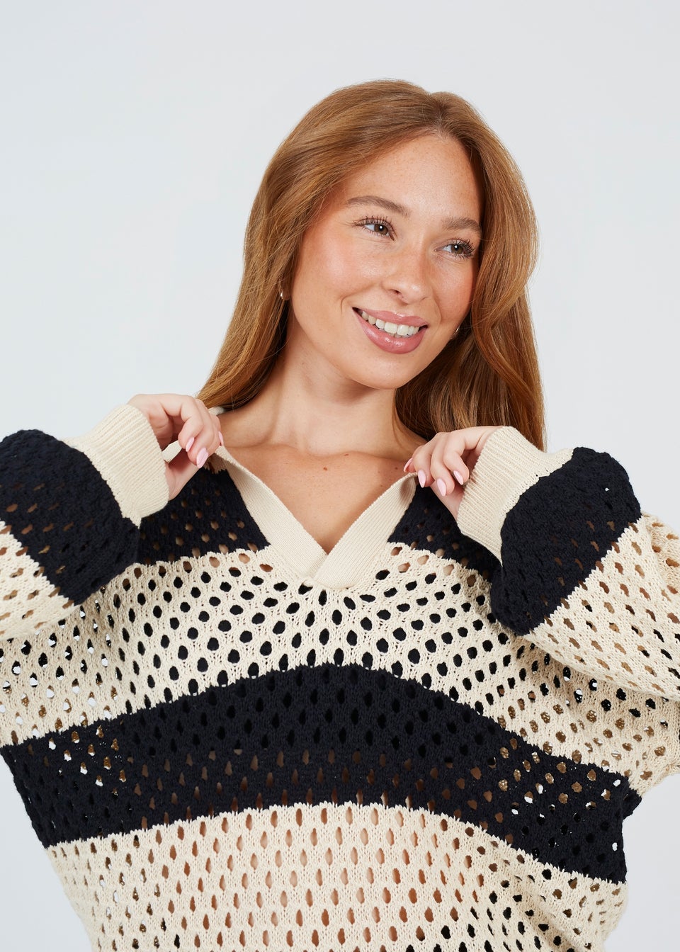 Brave Soul Stone Lightweight Stripe Open Knit Jumper