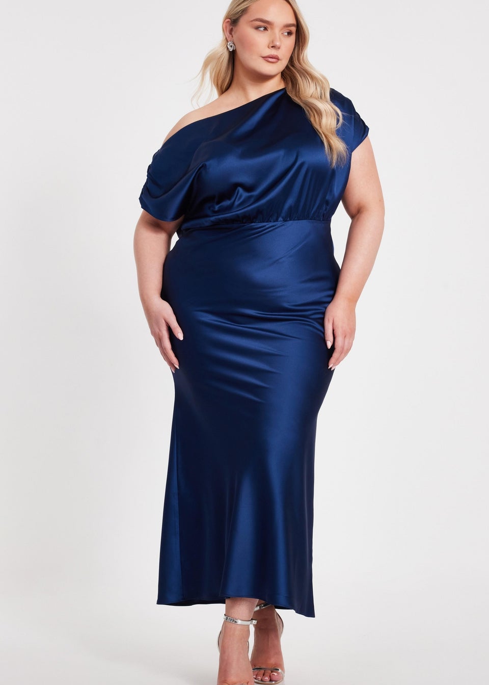 Quiz Navy Curve Satin Midaxi Dress