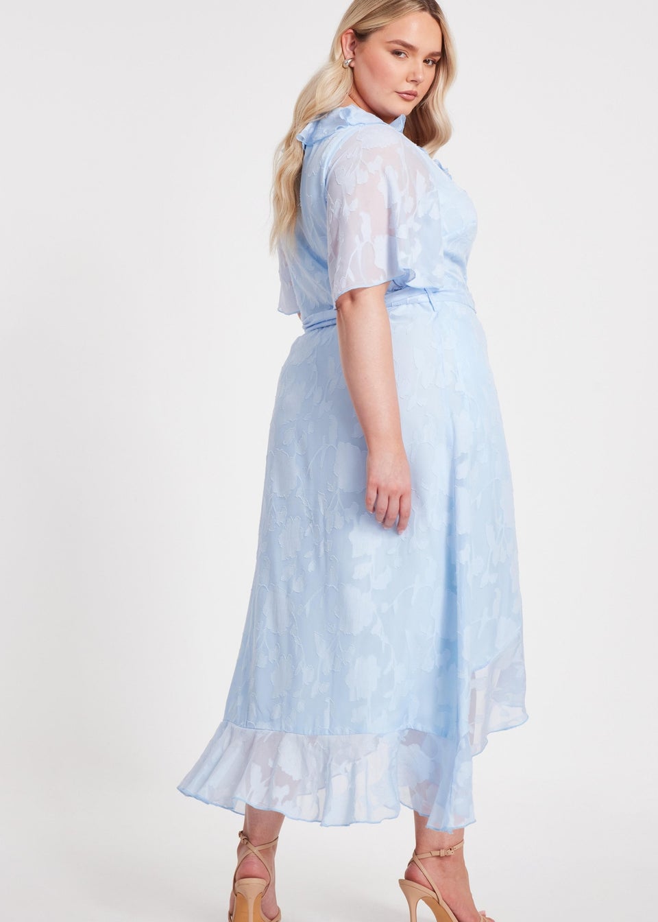 Quiz Blue Curve Jacquard Frill Midaxi Dress