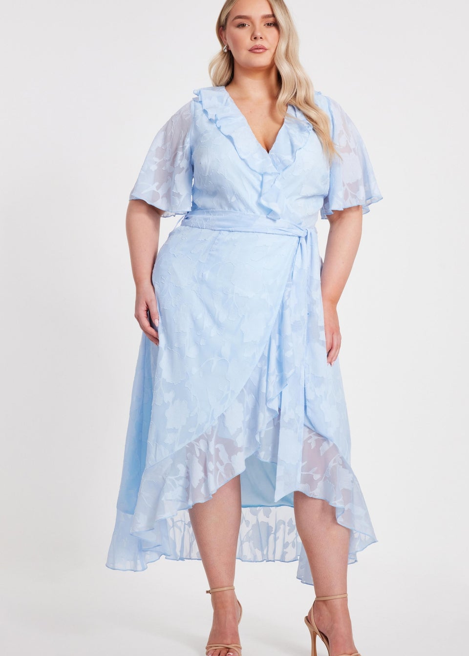 Quiz Blue Curve Jacquard Frill Midaxi Dress