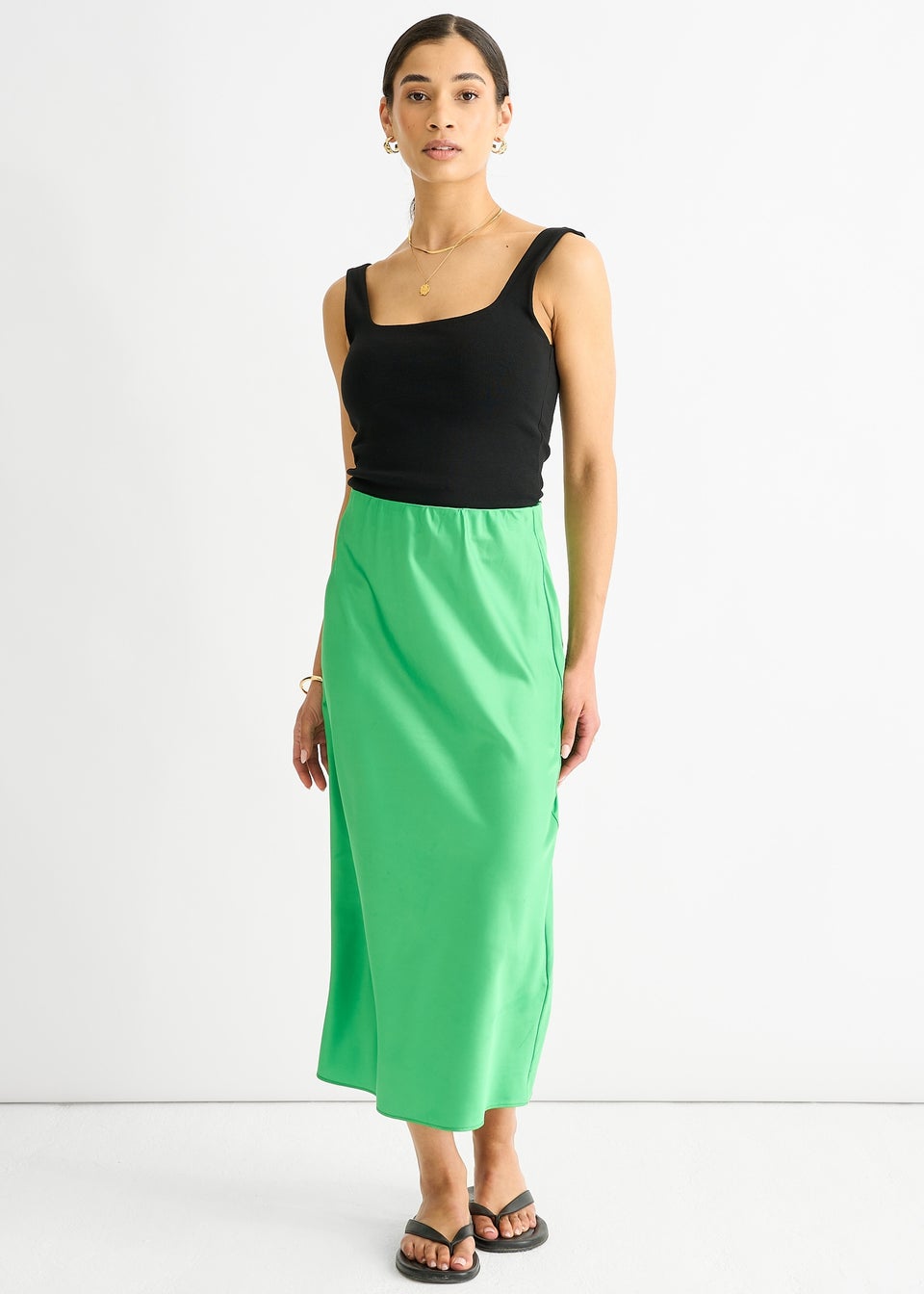 Gini London Green Satin High Waist Midi Skirt